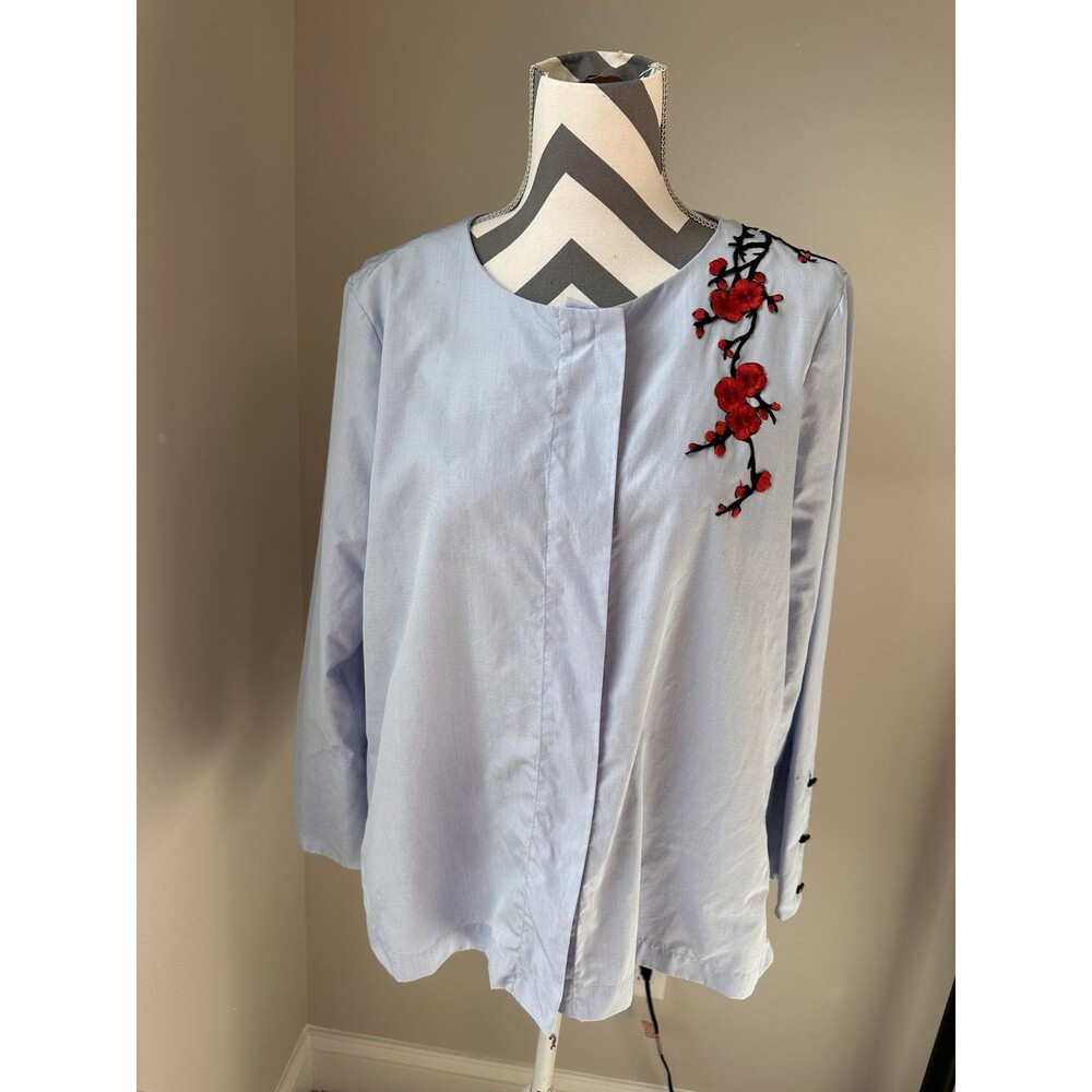 Mirto Spain Cotton Cherry Blossom Floral Applique Blouse Blue EU 48 US XL
